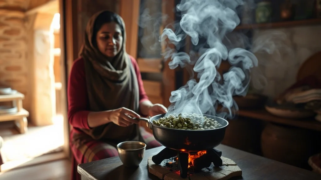 A photograph from inside a small family home outside Lalibela. The woman of the house is doing a coffee ceremony from scratch. She is roasting green beans right there on some coals. The little room is filled with an amazing smoky and sweet smell.