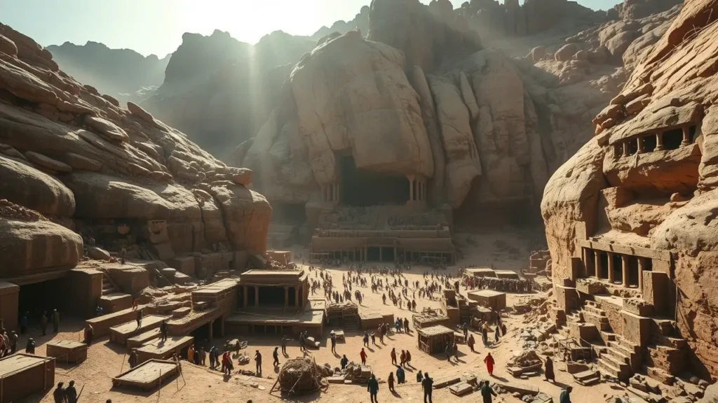 A powerful historical concept art piece depicting the construction of a Lalibela church. A wide-angle shot shows a vast rock excavation site, where hundreds of ancient Ethiopian artisans with simple, primitive tools are chipping away at the mountain. The scale is immense, with the workers looking tiny against the sheer volume of stone being removed to reveal the church below. The mood is one of incredible human effort, determination, and vision. Gritty, realistic style with dramatic sunlight and dust in the air.