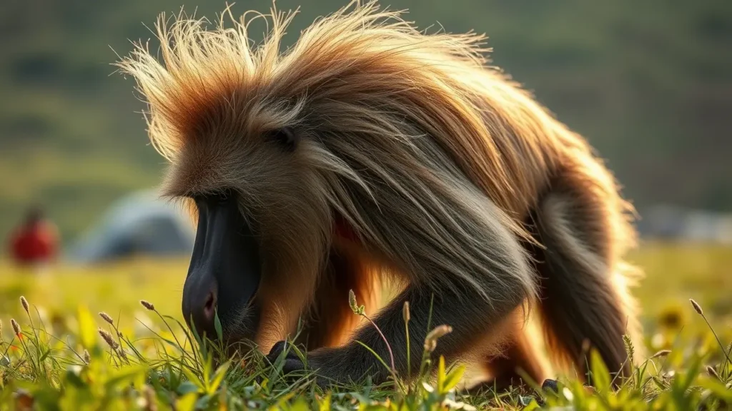 An intimate, ground-level photograph of a large male Gelada baboon in the Simien Mountains, Ethiopia. The baboon is grazing peacefully on grass, its long, lion-like mane is blowing gently in the wind, and the vivid red "bleeding heart" patch on its chest is clearly visible. The shot is incredibly close, creating a personal and respectful wildlife encounter. The mood is calm and serene with soft, clear morning light. National Geographic style, hyperrealistic detail.