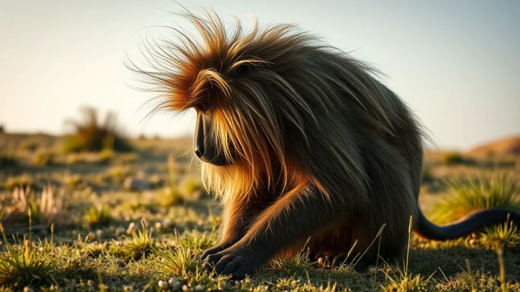 An intimate, ground-level photograph of a large male Gelada baboon in the Simien Mountains, Ethiopia. The baboon is grazing peacefully on grass, its long, lion-like mane is blowing gently in the wind, and the vivid red "bleeding heart" patch on its chest is clearly visible. The shot is incredibly close, creating a personal and respectful wildlife encounter. The mood is calm and serene with soft, clear morning light. National Geographic style, hyperrealistic detail.