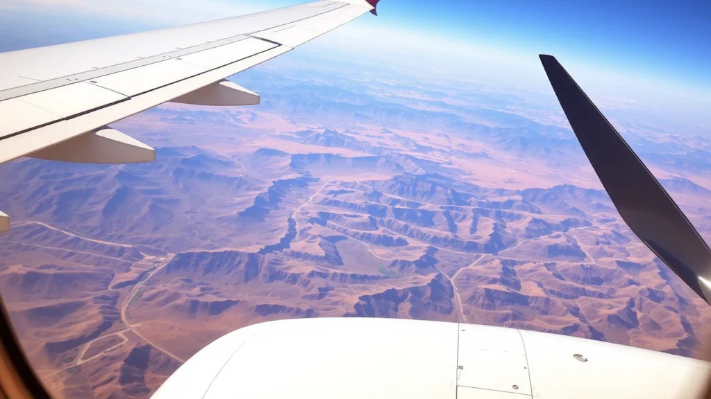 A picture from the window of a domestic flight over Ethiopia. You can see the wing of the propeller plane, and below is a vast, rugged, and beautiful landscape to show how big the country is. The feeling is that you have to fly to get around.
