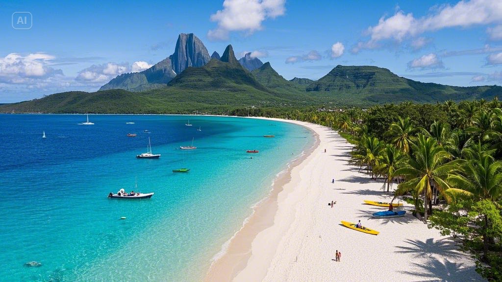 Aerial view of Matira Beach, showcasing the vast stretch of pristine white sand and turquoise waters...