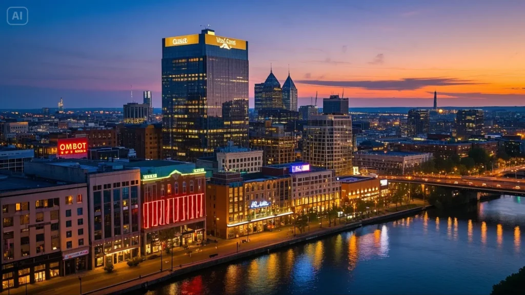 Aerial view of downtown Nashville at dusk showing Broadway's iconic neon signs illuminated against t..