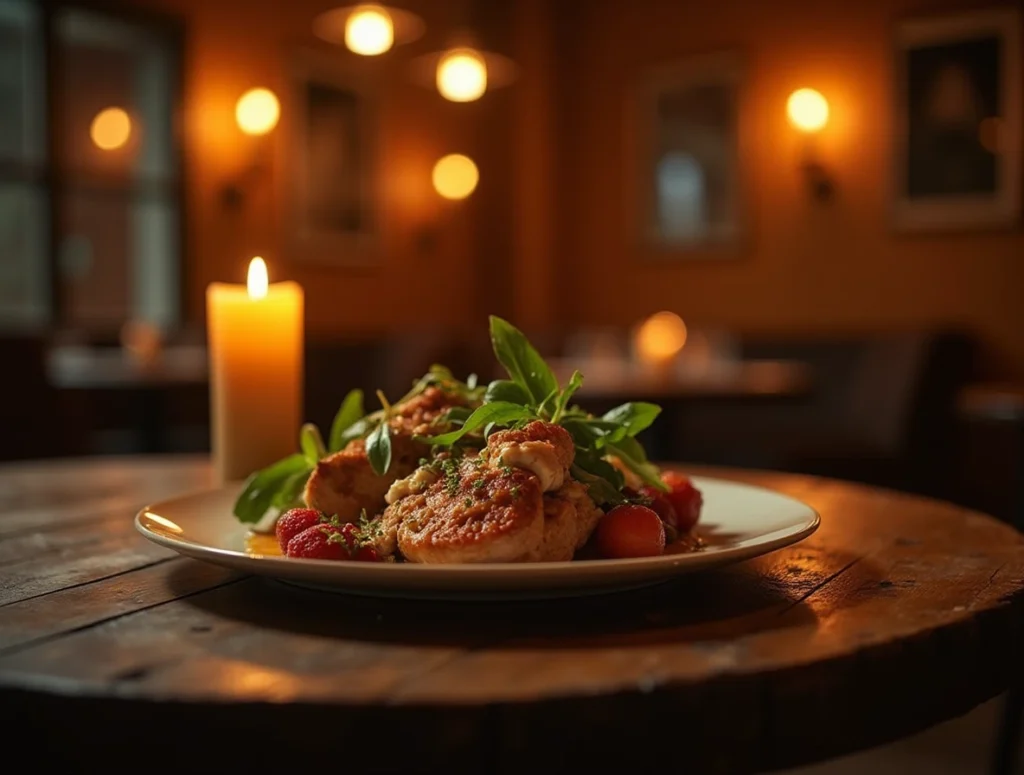 a beautifully lit hidden restaurant with a cozy intimate atmosphere a plate of gourmet food sits hidden gem restaurants