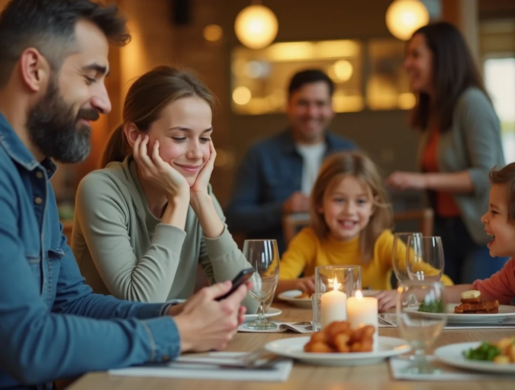 a frustrated parent scrolling on their phone at a dinner table while kids look bored transitioning mwued0udkvr5v0xf7wrd 0