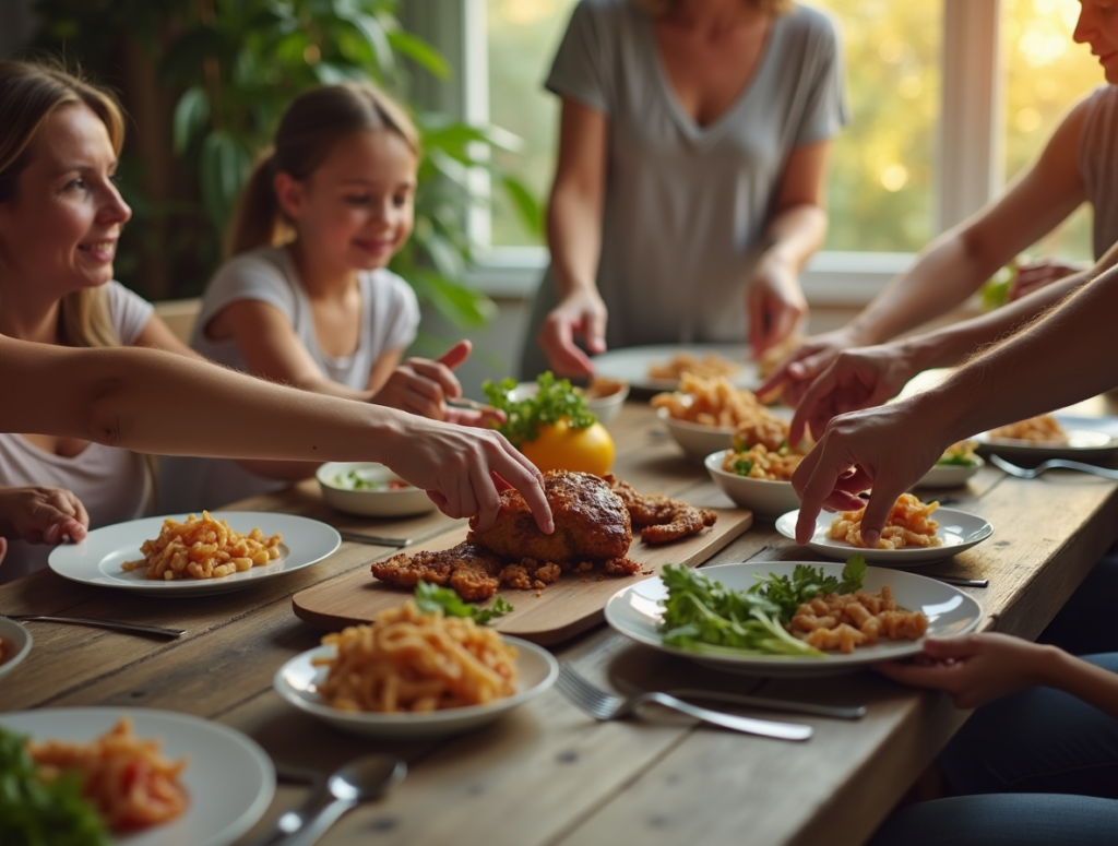 a multi generational family passing dishes at a rustic wooden table sharing food and stories soft f