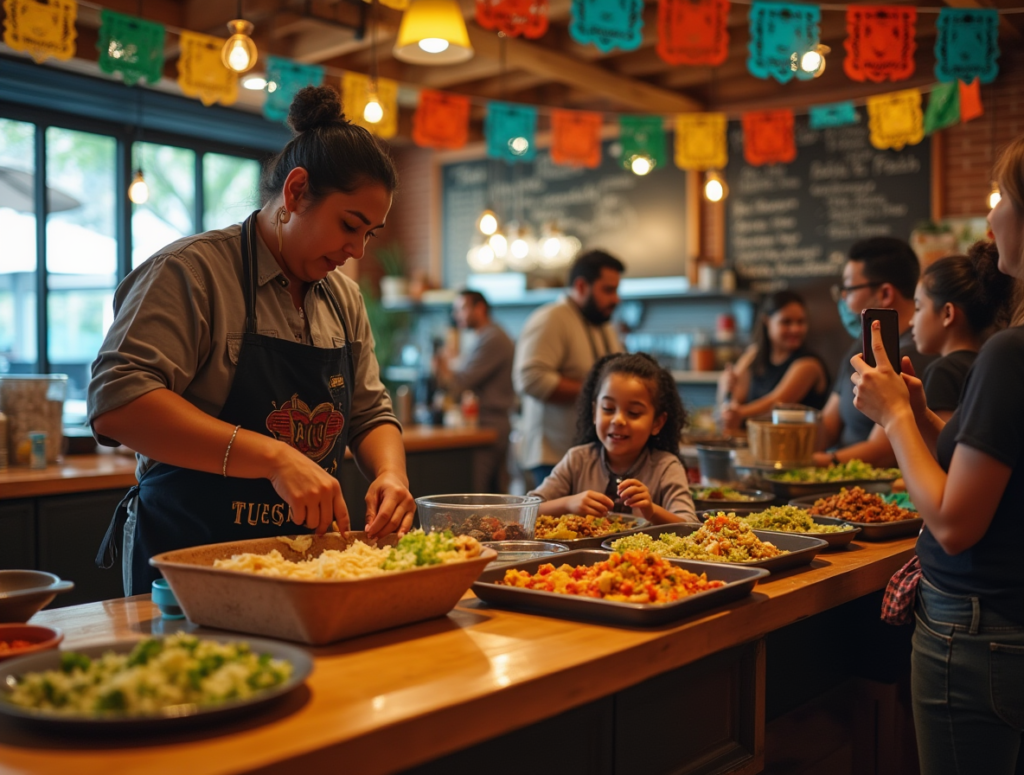 authentic documentary shot of the interactive taco bar a mexican chef mid 40s apron with taco tues