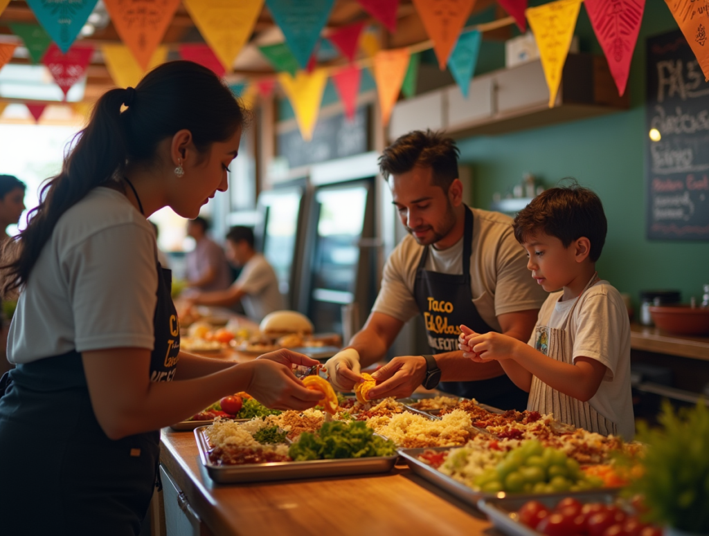 authentic documentary shot of the interactive taco bar a mexican chef mid 40s apron with taco tues 1