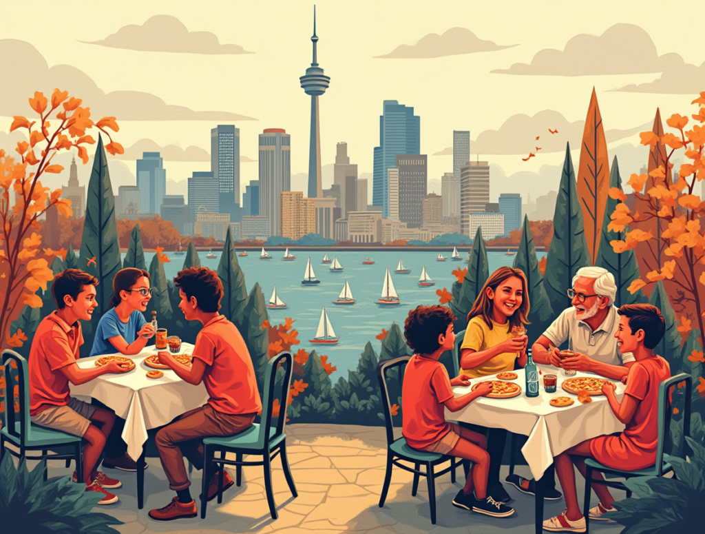 collage of local landmarks mixed with restaurant scenes eg city skyline behind a family eating pizz
