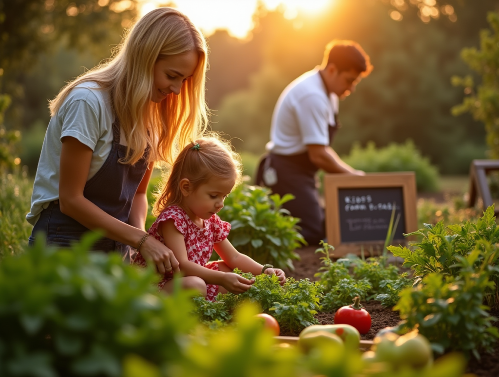 golden hour shot of the kid friendly garden at family feast blonde mom 40s pointing out herbs to h