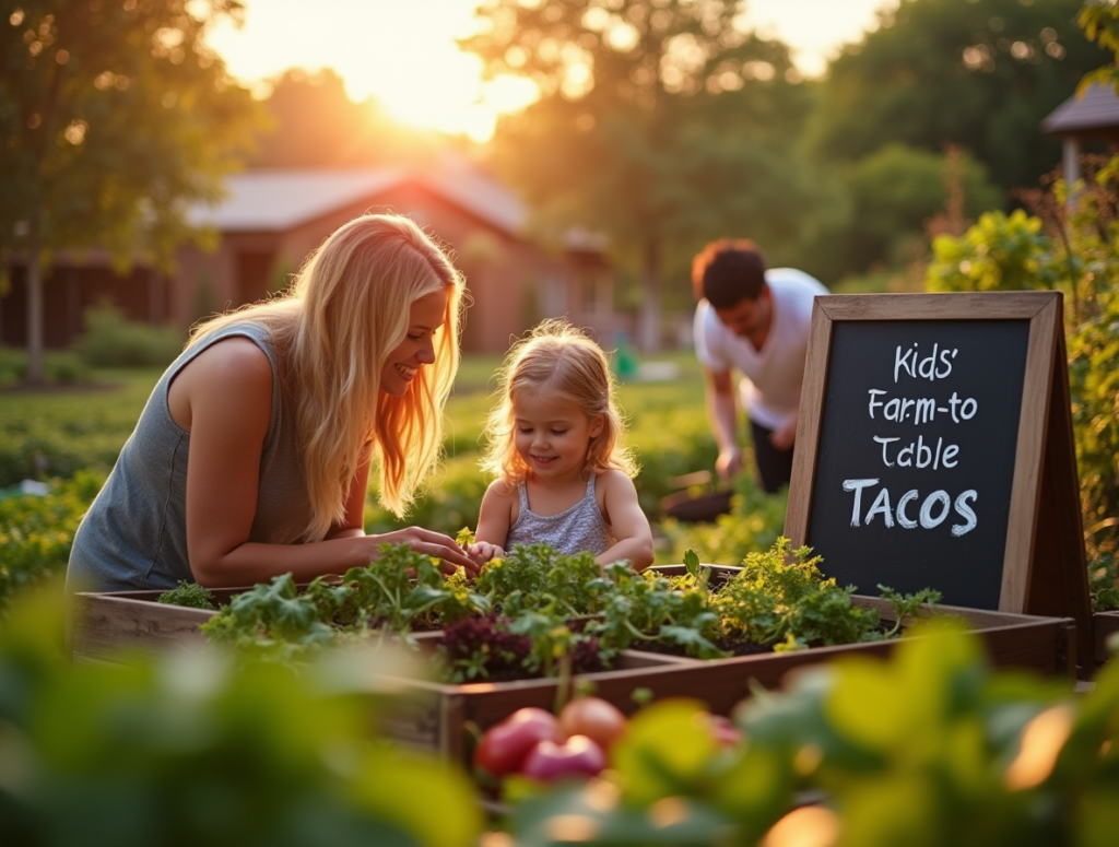 golden hour shot of the kid friendly garden at family feast blonde mom 40s pointing out herbs to h 1