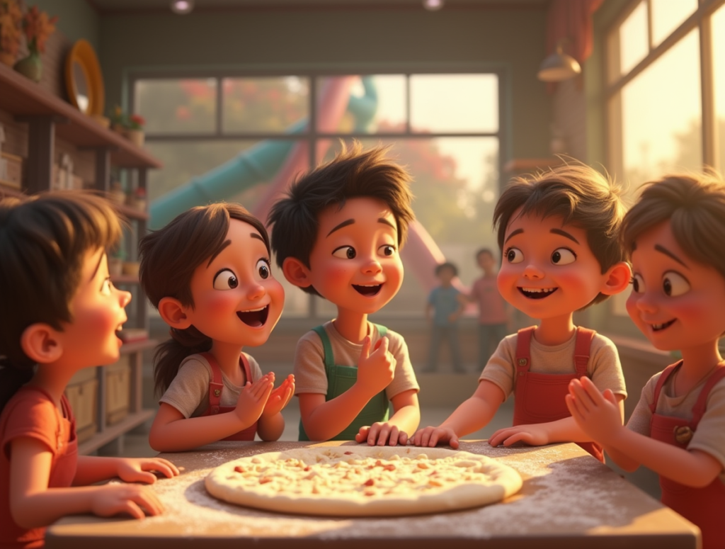 kids laughing while tossing pizza dough at a flour dusted station parents clapping in background an