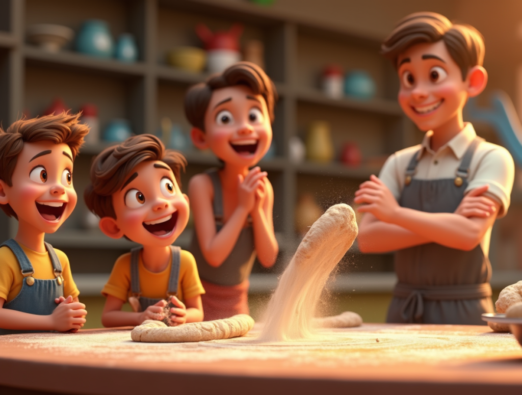 kids laughing while tossing pizza dough at a flour dusted station parents clapping in background an 1