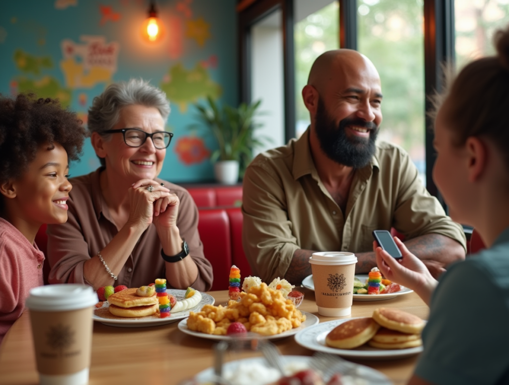 realistic breakfast scene elderly black couple sharing pancakes with grandkids millennial dad bear (1)