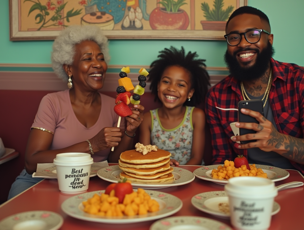 realistic breakfast scene elderly black couple sharing pancakes with grandkids millennial dad bear (2)